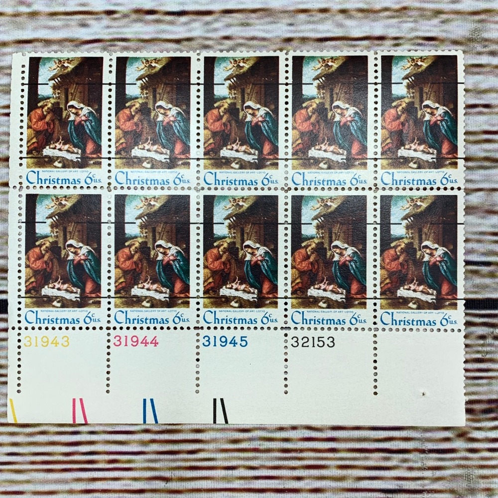 Vintage‎ 1968 US Christmas Postage Stamps Block of Ten Unused